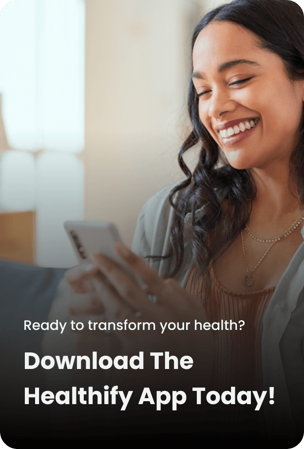 App banner - with a young women looking at phone and smiling, with the text on banner saying to download the healthify app toady. CTA - Download on the App Store